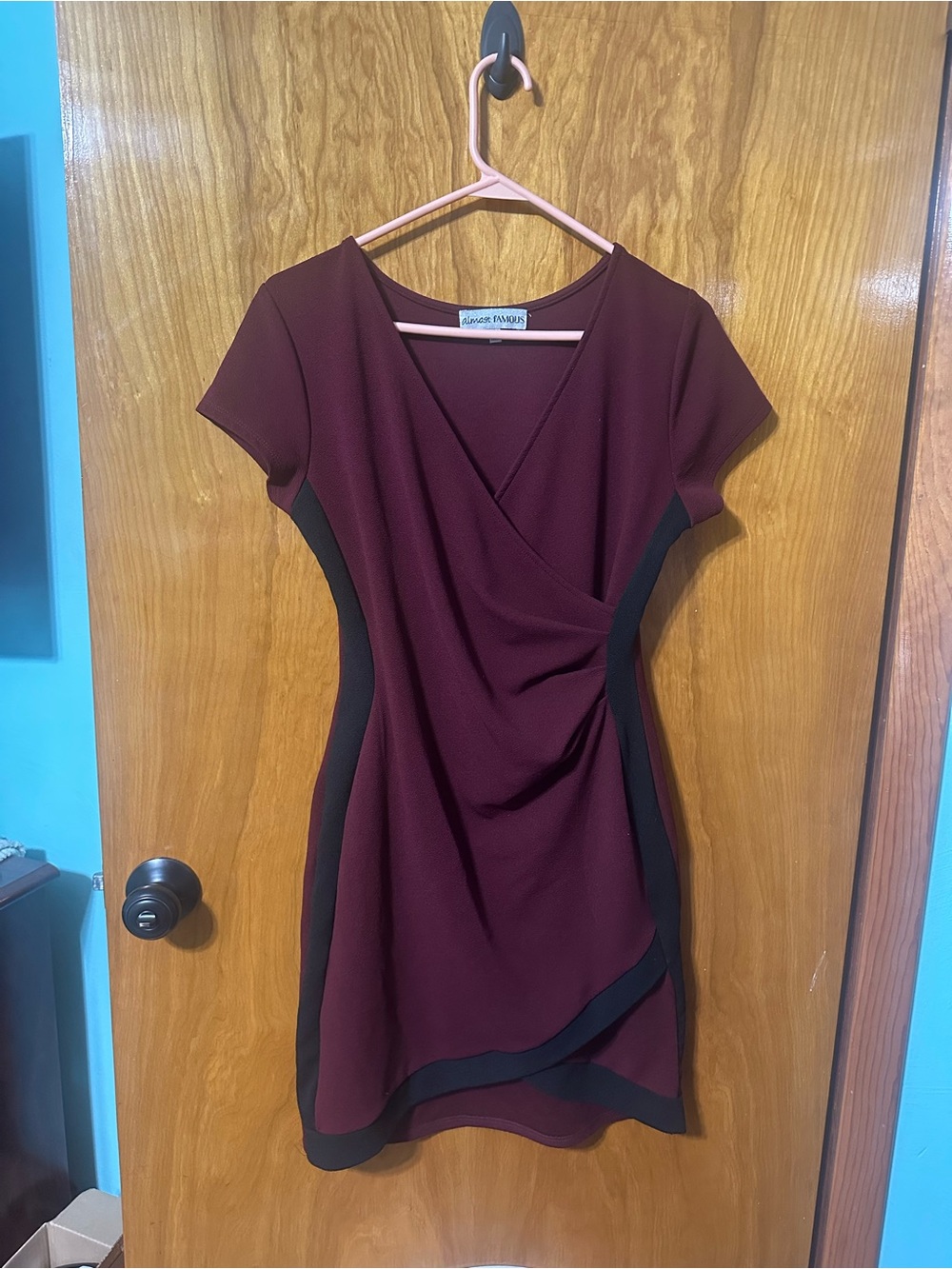 Almost Famous Burgundy Mini Dress with Black Panels